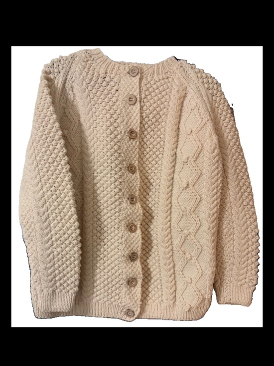 Sweaters - Hand Knit Aran Cable Knit Cardigan Sweater Ivory Cream Large